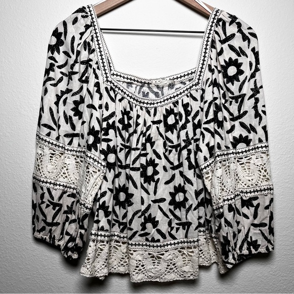 Christian Siriano‎ Women Linen Top XL Cream Black Crochet Lace Cottage Boho - Picture 1 of 8